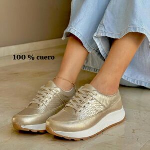 Tenis Dorada Cordón Cuero