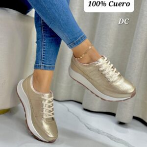 Tenis Dorada Cordón Cuero