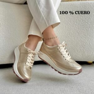 Tenis Dorada Cordón Cuero