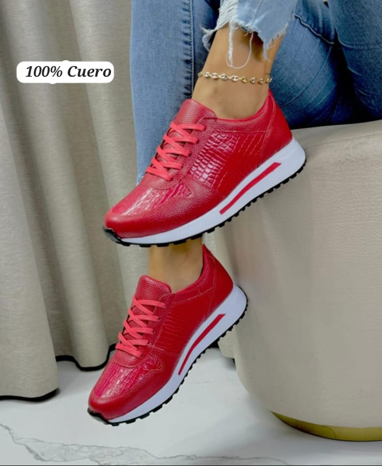 Tenis Cuero Roja Cordón