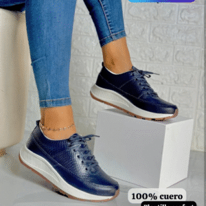 Tenis Cuero Azul Cordón