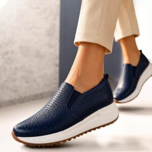 Tenis Cuero Azul sin Cordón
